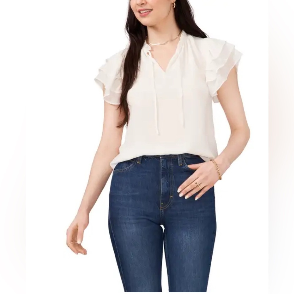 1. State Ruffled Flutter Sleeves Mandarin Collar Split Neck Tie Front Blouse, XL